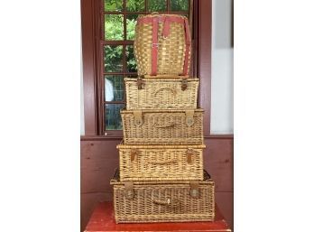 Vintage Lidded Wicker Baskets With Leather Buckle Straps And And Adirondack Day Pack Basket