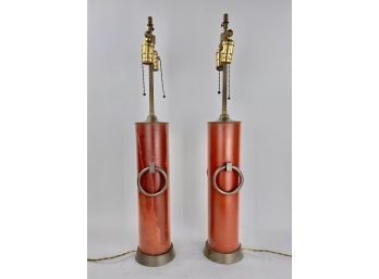 Pair Of Mid Century Brass And Metal Column Lamps In Red