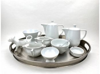 Melita And Pillivuyt Made In France White Porcelain Tea And Coffee Service On Metal Tray