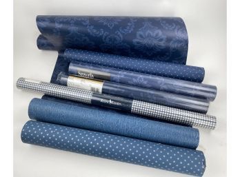 7 Rolls Of Vintage Wall Paper In Blues- Damask By Sunworthy, Blue & White Check By Ralph Lauren, And A Basket