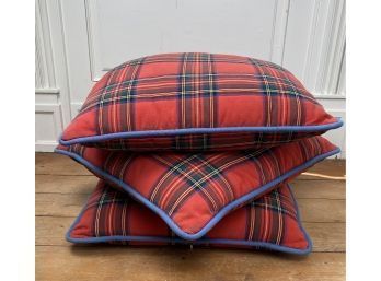 3 Large Custom Made Classic Tartan Or Red Plaid Pillows With Blue Piping
