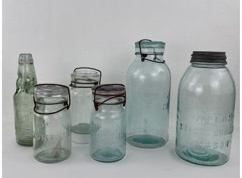 6 Pcs Blue Or Blue Green Antique And Vintage Glassware, Lightning And Atlas Jars With Lids