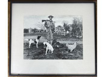 Vintage Or Antique Framed Black And White Photograph Of Bird Hunter Or Farmer With Dogs And Chickens