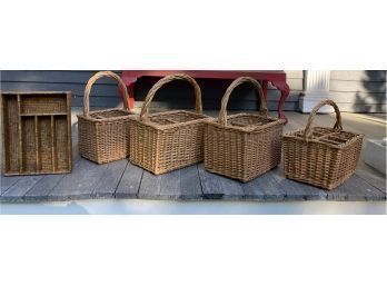 Four Vintage Wicker Baskets With Bottle Dividers And One Woven Organizer