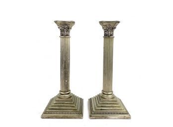 Pair Of Godinger Silver Plate Corinthian Column Candlesticks