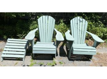 Pair Of Adirondack Chairs Painted A Blue Green With Foot Ottoman