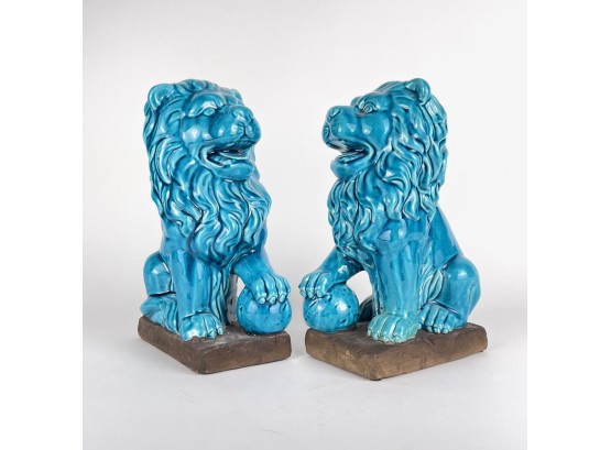 Pair Of Blue Ceramic Foo Lions