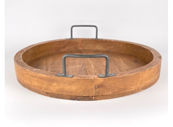Circular Or Round Wood Tray With Metal Handles