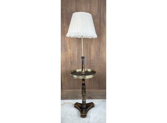 Tall Standing Turned Wood And Brass Accent, Oriental Floor Lamp With 16 Inch Round Table.