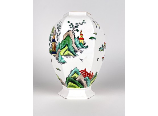 Crown Staffordshire England, Rounded Hexagonal Vase With Graduated Foot And Chinese Hand Painted Details