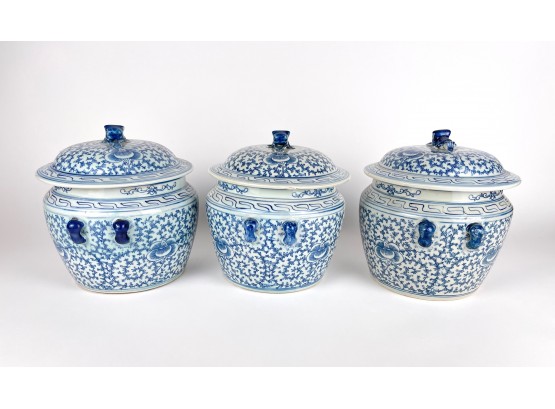 3 Vintage Blue And White Ginger Bowls With Lids