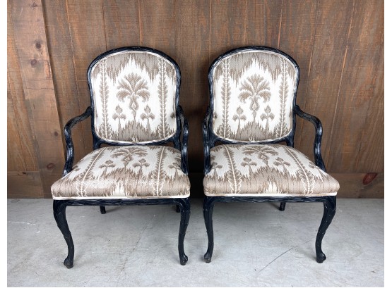 Pair Of Hand Carved Wood, Painted Black With Toile Upholstery Arm Chairs