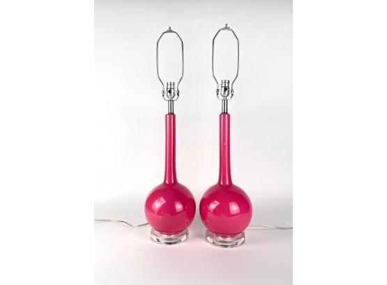 Pair Mod, Pink Glass And Lucite Base Bulb Table Lamps