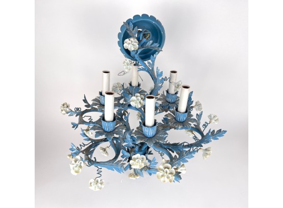 French Blue Toile 6 Candelabra Chandelier With Petite Flowers