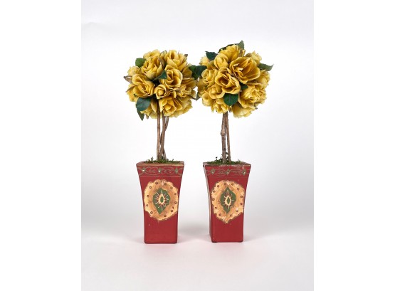 Pair Of Faux Yellow Rose Topiary Bouquets In Hand Painted Wooden Planters