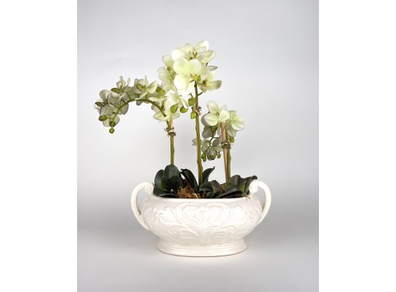 Realistic Faux Table Top Orchid In White Ceramic Planter