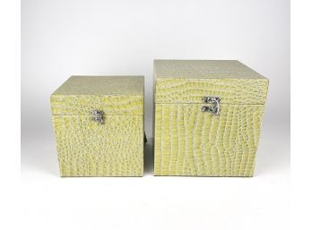 2 Vintage Chartreuse, Or Light Green Jewelry Boxes In Faux Crocodile