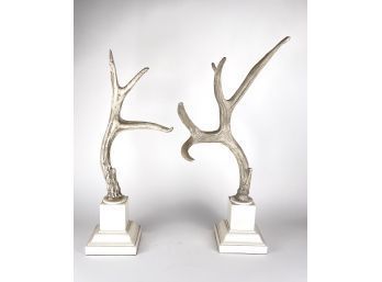 Weathered Resin Elk Antler On Small Pedestal Table Top Design By Lazy Susan