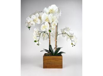 Realistic Faux White Orchid In Wooden Planter