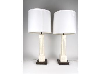 Vintage Pair Of Porcelain, Cast Bamboo Column, Table Lamps With Brass Base