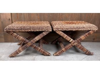 Pair Of  Palecek Soleil Coastal Beach Woven Or Wicker X Benches Or Stools