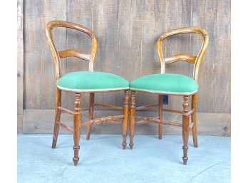 Pair Of Sleek Antique, Bent Wood Side Chairs With Green Upholstery Seats