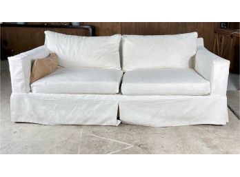2nd White Slipcovered Modern Track Arm Loveseat Sofa