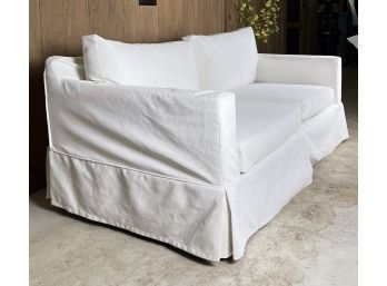 White Slipcovered Modern Track Arm Loveseat Sofa