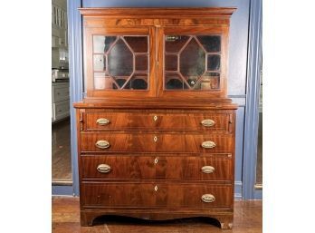 Antique American Federal Mahogany Secretary, With Wavy Glass And Brass Hardware