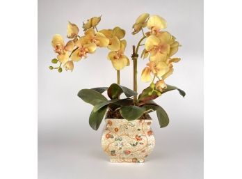 Amita, Faux Yellow And Peach Orchid Floral Arrangement In Ceramic Planter