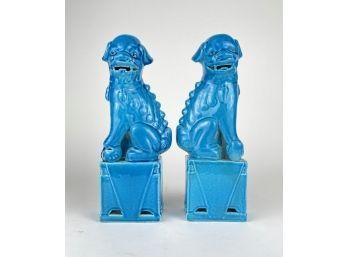 Pair Of Blue Ceramic Lions