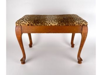 Antique Cabriole Leg Wooden Piano Bench Or Vanity Seat, Upholstered In Faux Leopard Fur