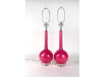 Pair Mod, Pink Glass And Lucite Base Bulb Table Lamps