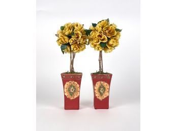Pair Of Faux Yellow Rose Topiary Bouquets In Hand Painted Wooden Planters