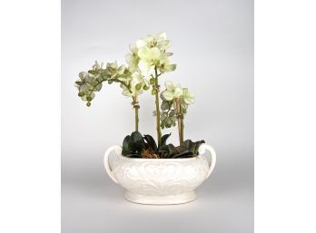 Realistic Faux Table Top Orchid In White Ceramic Planter