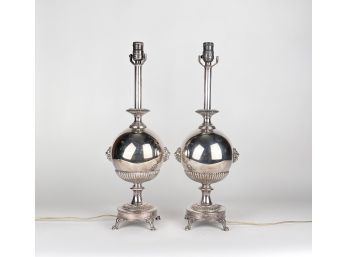 Pair Of Silver Lions Head On Silver Ball With Fluted And Footed Base Lamps