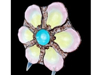 Limoges Oyster Plate In Yellow, Turquoise And Pink