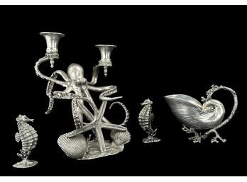 Aquatic Life Table Top Decor - Octopus Candleholder, Seahorse Salt And Pepper, Nautilus Gravy Boat