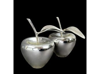 Pair Of Silvered Glass And Metal Stem Apples