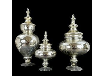 Set Of Three Mercury Glass Apothecary Lidded Vessels