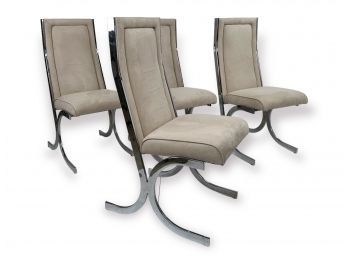 Milo Baughman Style Newly Upholstered Suede And Chrome Dining Chairs