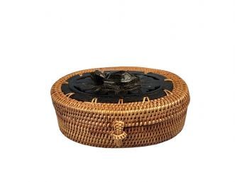Hand Woven Wicker Box With Hand Carved Frog Top