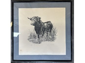 John Fulton Short, 'Toro'  Lithograph And Ink Drawing Of Bull In Marsh, Signed