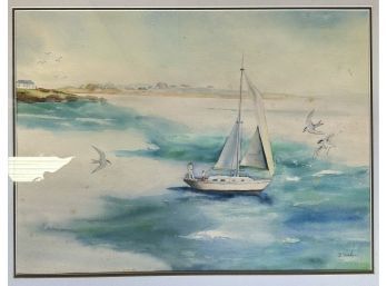 Watercolor Sailing Scene On Water With Boy And Man By B. Marker