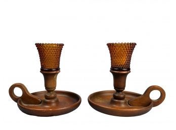 Pair Of  Amber Glass Candle Or Votive Holders With Woden Handles