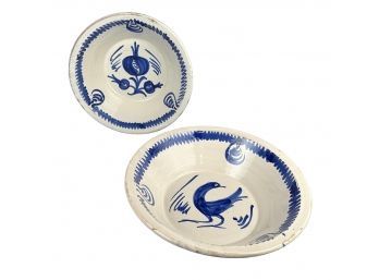 Phenomenal Large Vintage Moroccan Terracotta Serving Bowls With Pomegranate And Bird - White And Blue Glazes