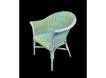 Vintage Woven Rattan And Wicker Chair In Green And Pink
