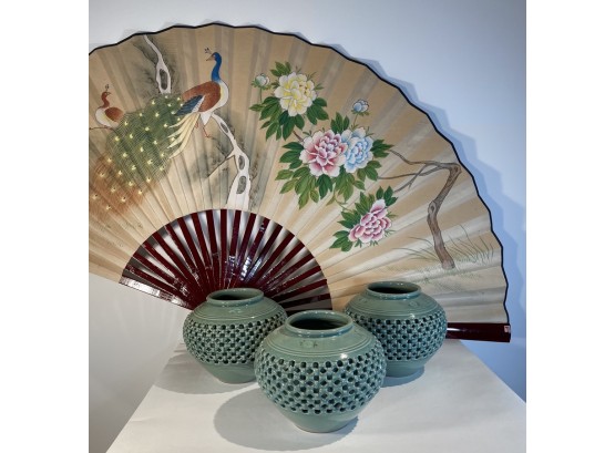 Three Asian Celadon Reticulated Ceramic Vases With Oversized Asian Fan