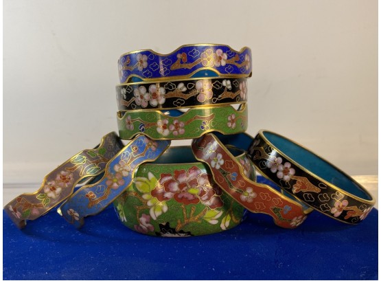 Stack Of 8 Unworn Vintage Asian Floral Cloisonne And Enamel Bangle Bracelets