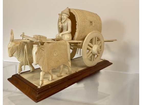 Carved Bone Rickshaw With Driver Man And Cattle On Wood
